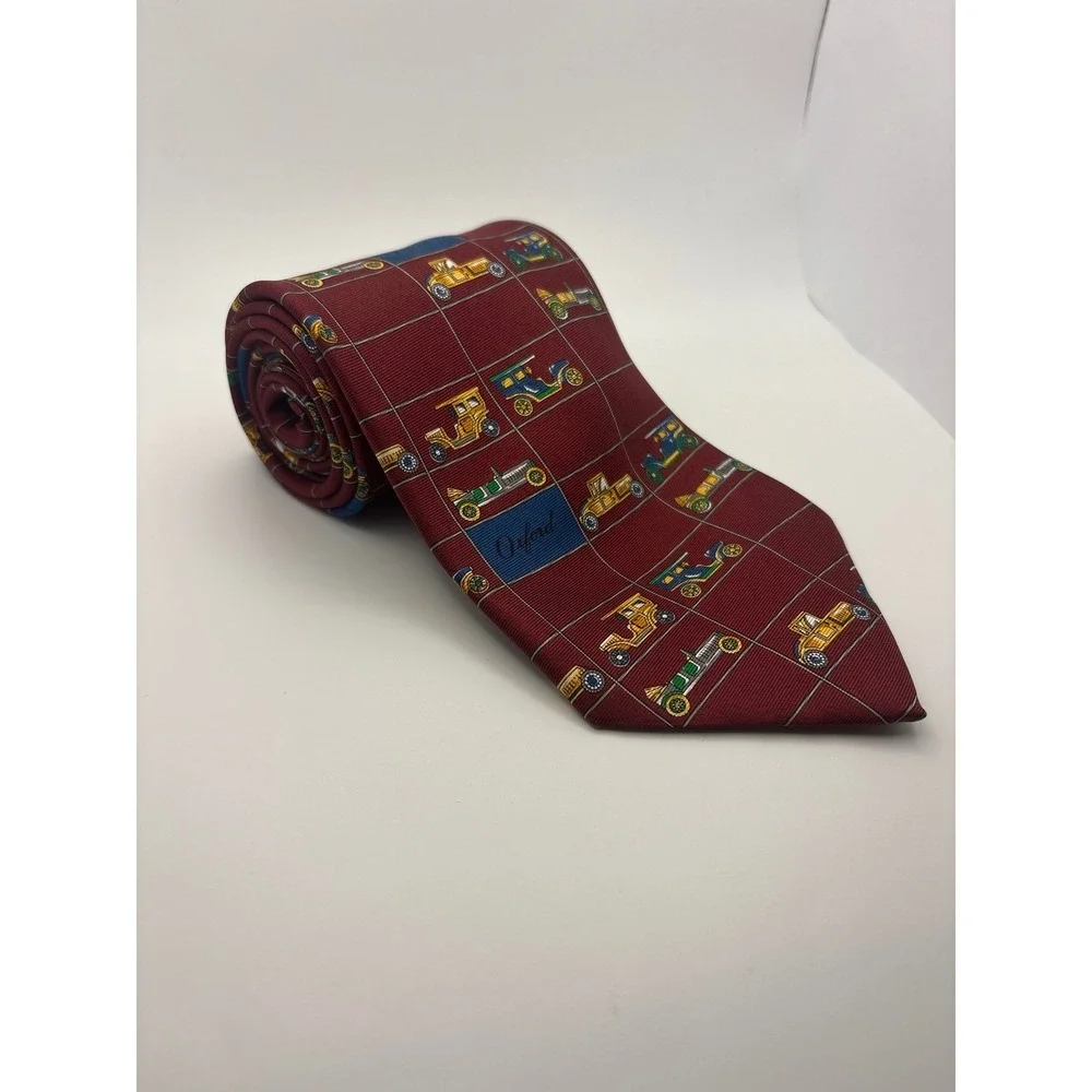 Oxford Mens Silk Tie Burgundy Vintage Antique Cars Novelty Grid Pattern Red